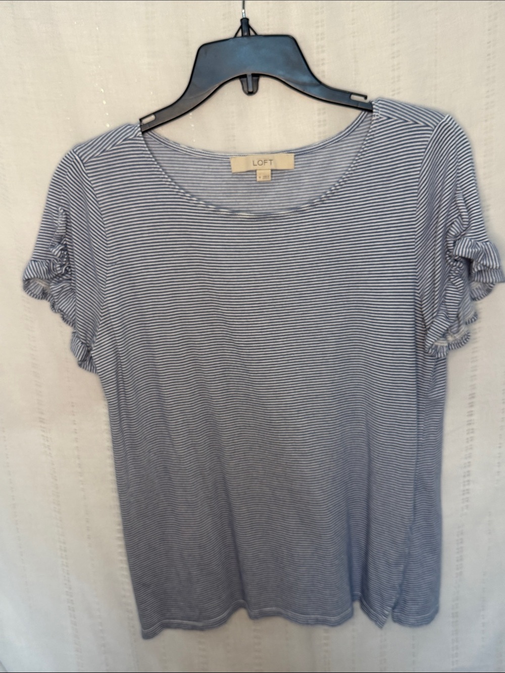 LOFT Blue & White Striped Short-Sleeve Ruffle Sleeve Tee